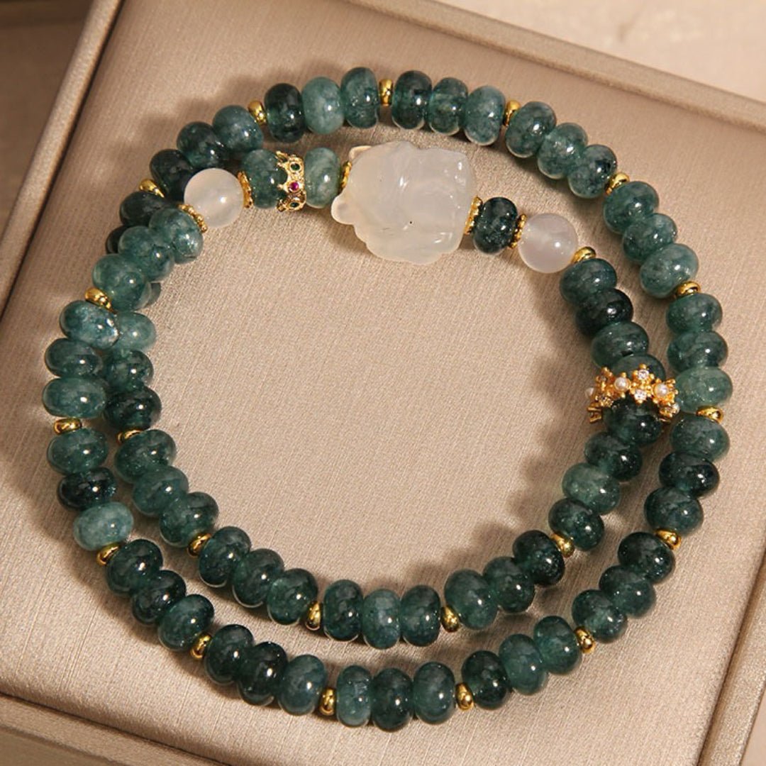 Bracelet en Jadéite Perles Vertes avec Charm Renard Royal - Biloria