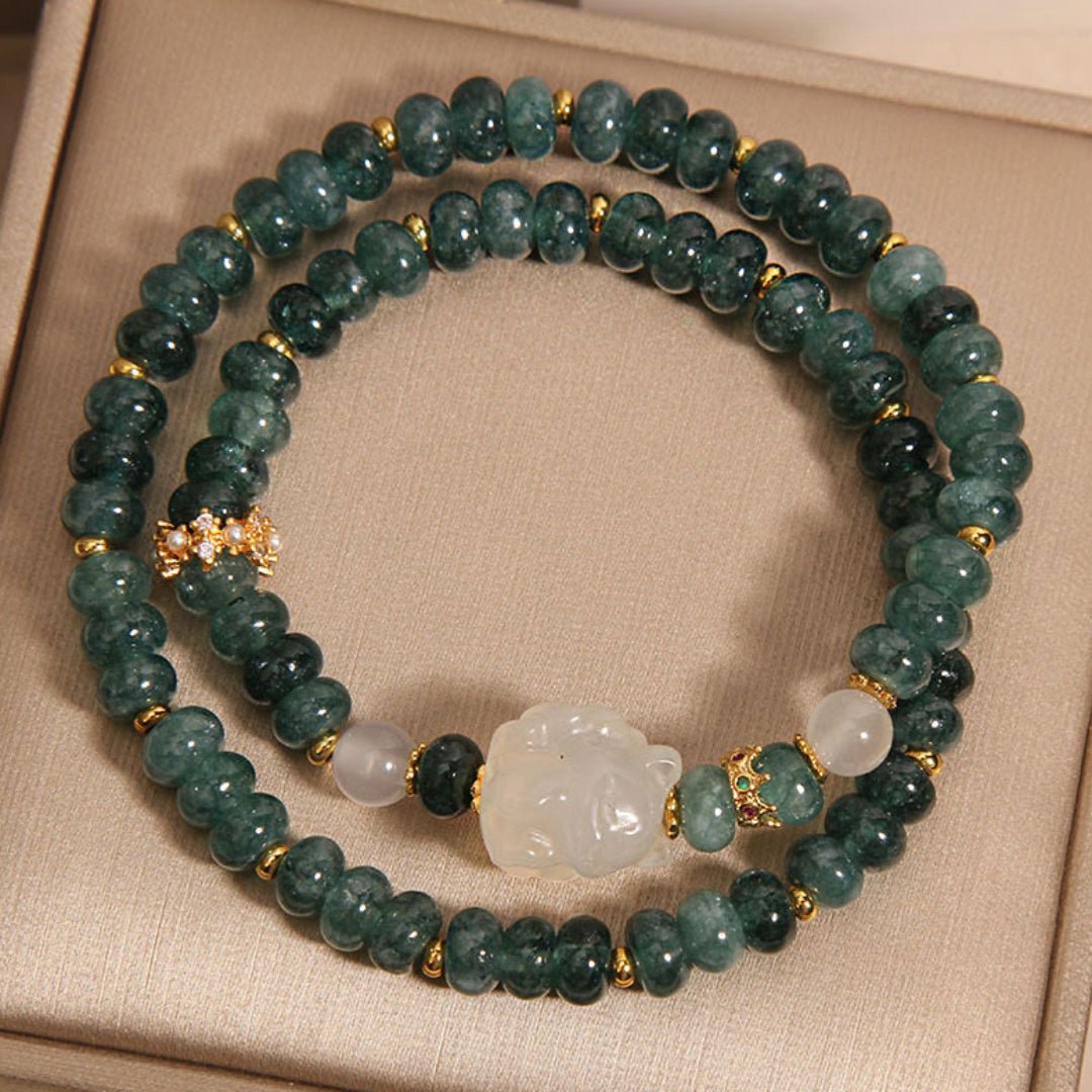 Bracelet en Jadéite Perles Vertes avec Charm Renard Royal - Biloria