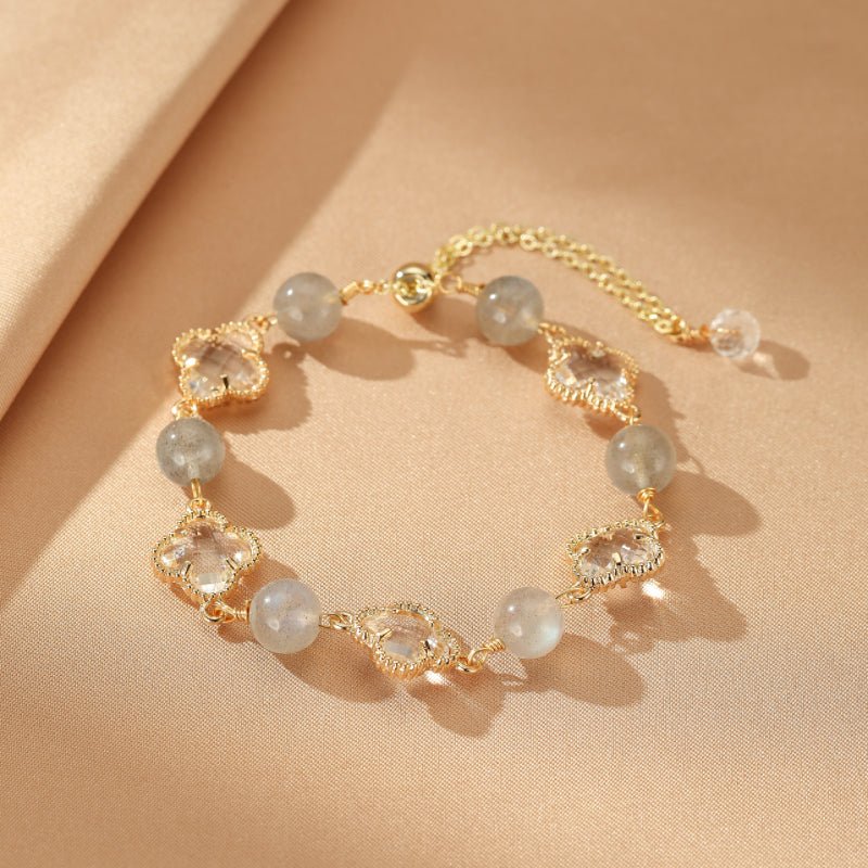 Bracelet en Labradorite et Cristal de Roche avec Trèfle Porte-Bonheur - Biloria
