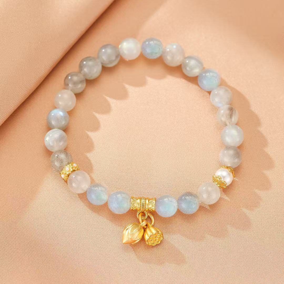 Bracelet en Labradorite et Perle d'Eau Douce avec Charms Lotus - Biloria