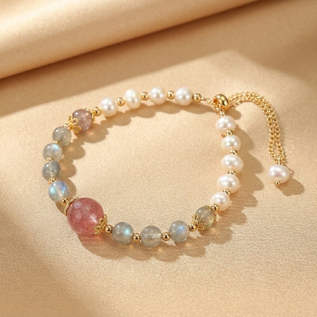Bracelet en Labradorite, Perle et Quartz Fraise Aura Lumineuse - Biloria