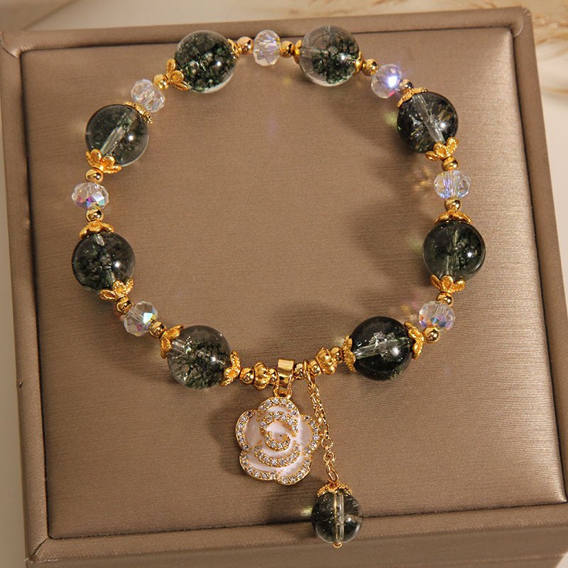 Bracelet en Quartz Vert et Quartz Clair avec Pendentif Rose - Biloria