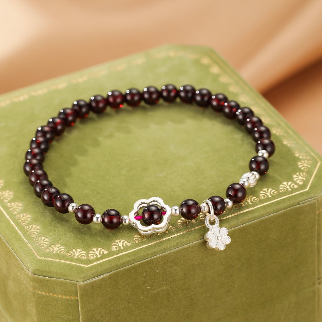 Bracelet Grenat Argent 925 avec Fleur Centrale - Biloria