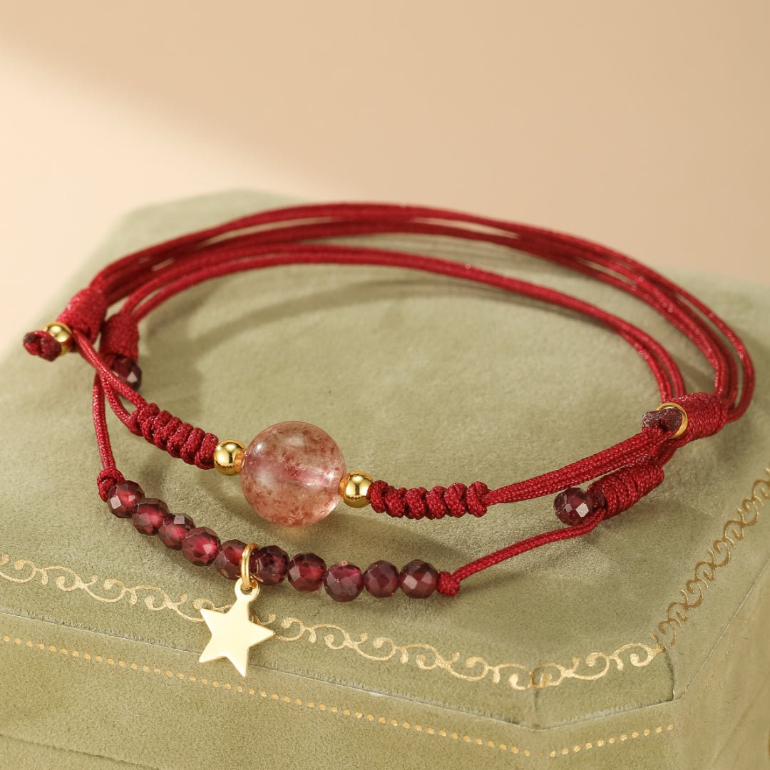 Bracelet Grenat Quartz Fraise Fil Rouge Protection Destin - Biloria