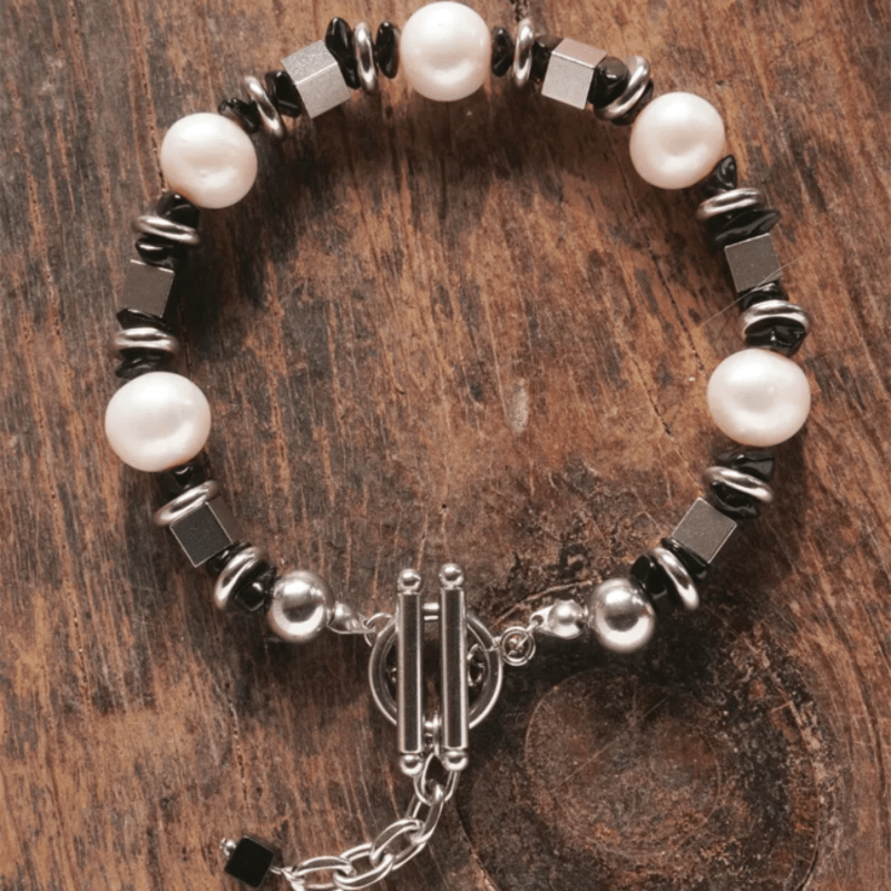 Bracelet Homme Acier Titane Perle et Agate Noire - Biloria