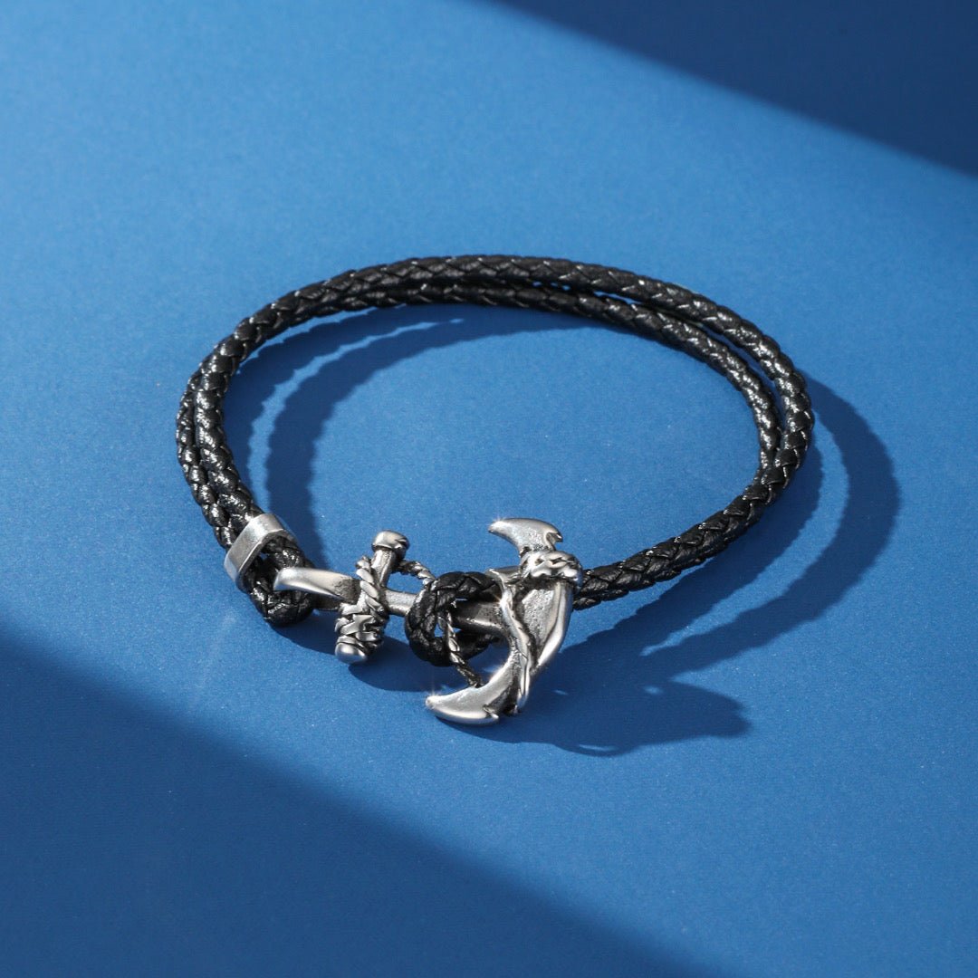Bracelet Homme Cuir Double Tour Ancre Marine - Biloria