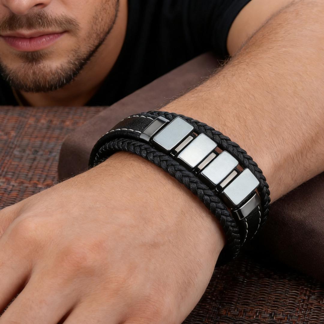 Bracelet Homme Cuir Hématite - Ancre et Stabilité - Biloria