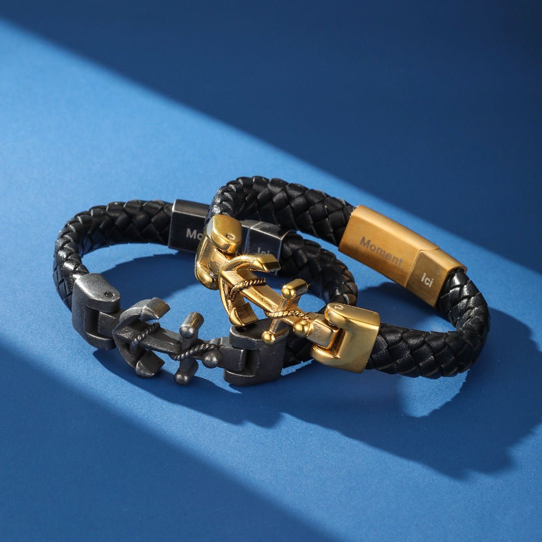 Bracelet Homme Cuir Noir Ancre Viking – Symbole d'Ancrage - Biloria