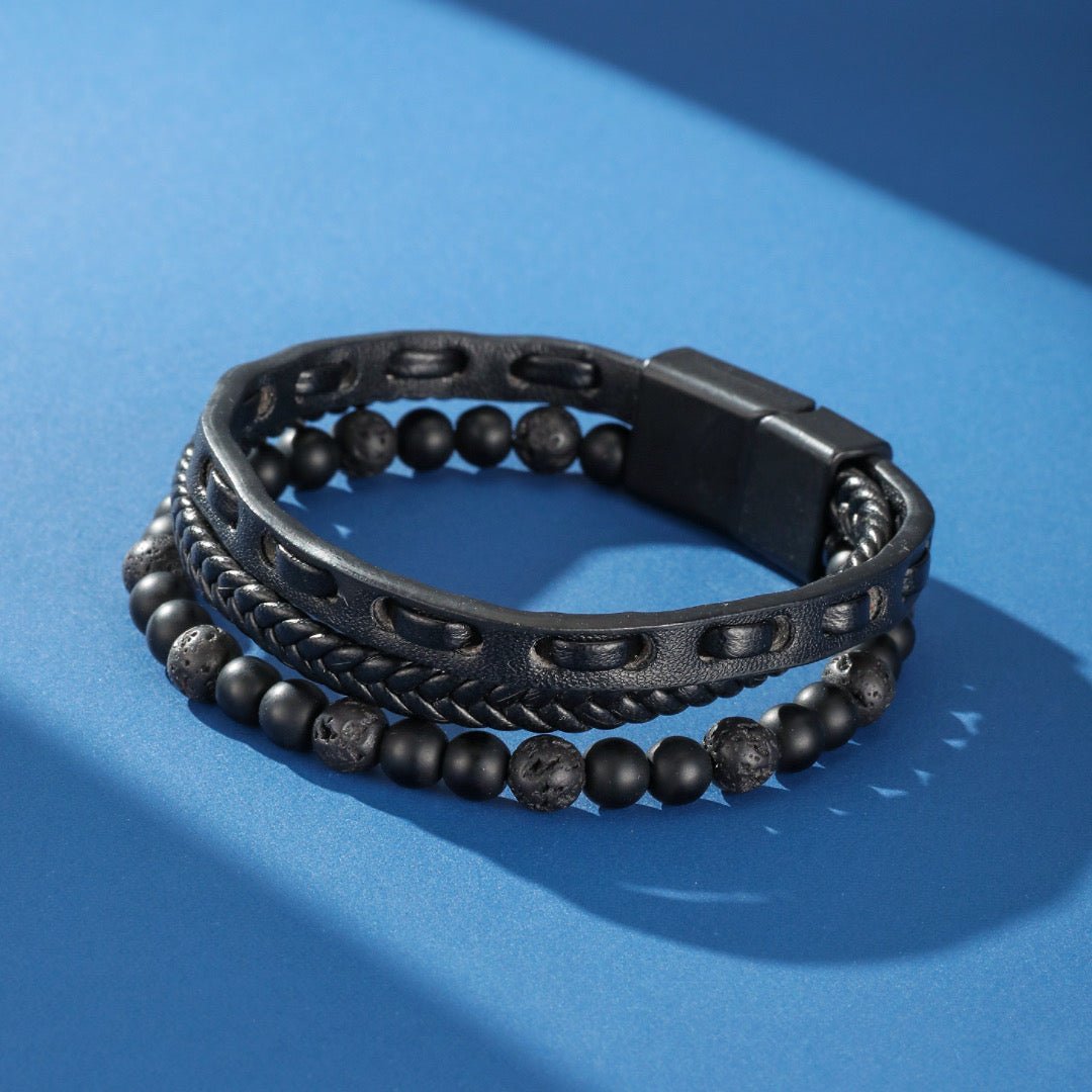 Bracelet Homme Cuir – Obsidienne et Pierre de Lave - Biloria