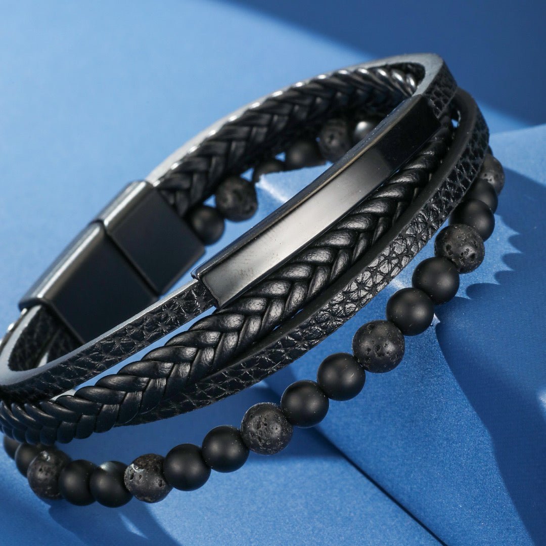 Bracelet Homme Cuir Obsidienne Lave Protection - Biloria