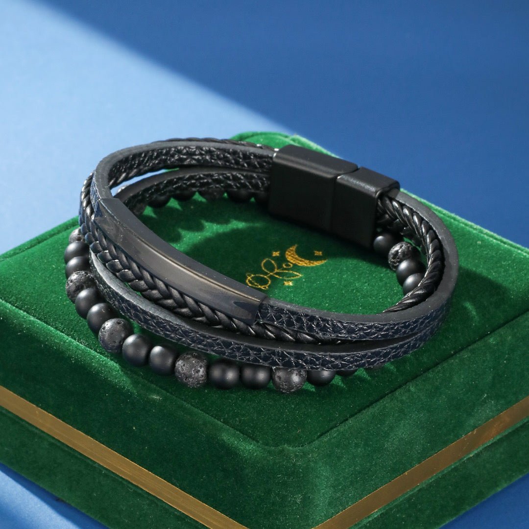 Bracelet Homme Cuir Obsidienne Lave Protection - Biloria