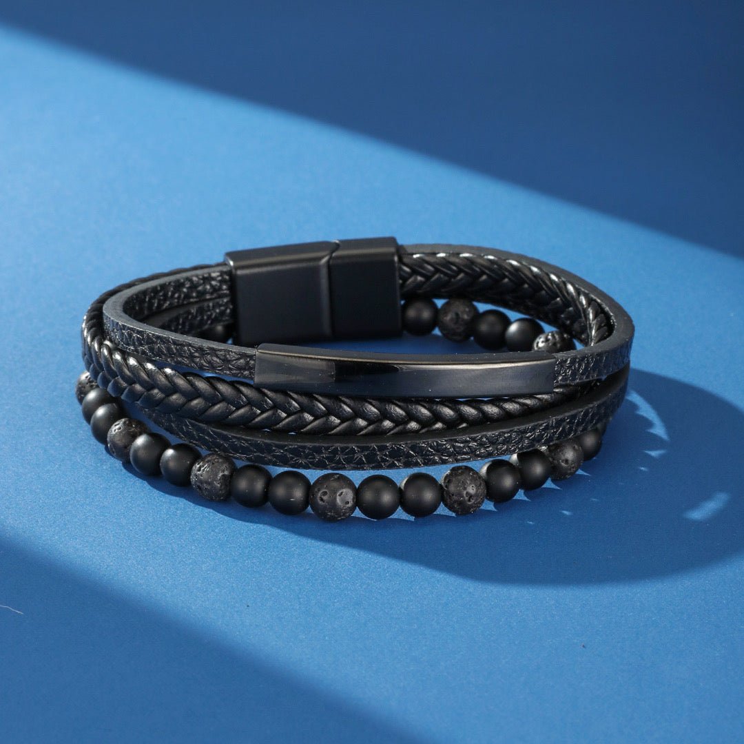 Bracelet Homme Cuir Obsidienne Lave Protection - Biloria