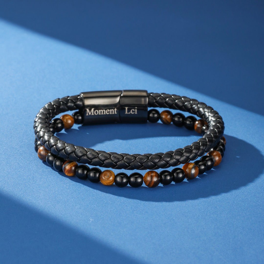Bracelet Homme Cuir Œil de Tigre Pierre de Lave - Biloria
