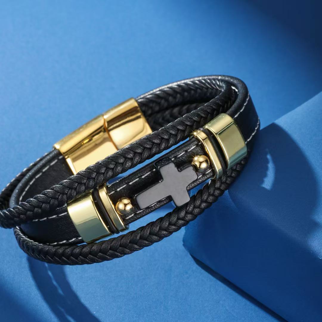 Bracelet Homme Cuir Onyx Croix de Foi - Biloria