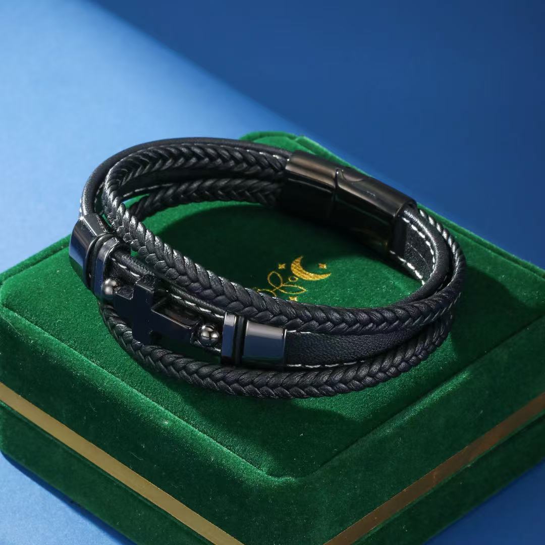 Bracelet Homme Cuir Onyx Croix de Foi - Biloria