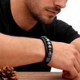 Bracelet Homme Cuir Pierre Lave Hématite Crâne Acier - Biloria
