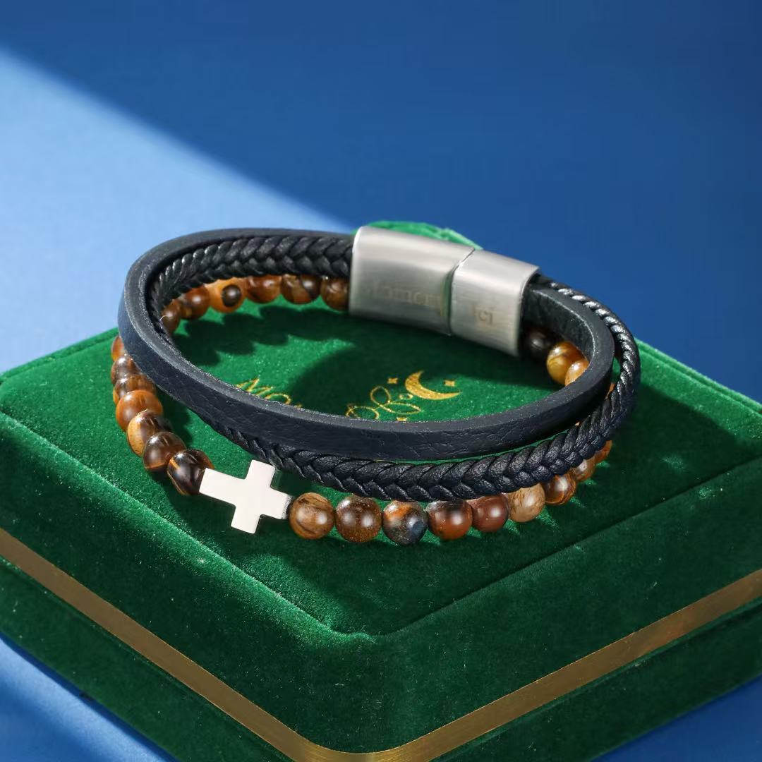 Bracelet Homme Cuir Tressé Croix Foi et Force - Biloria