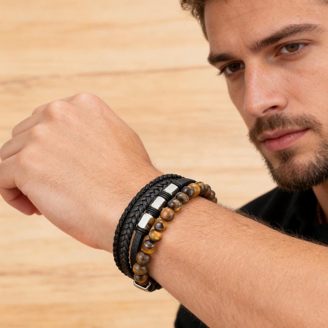Bracelet Homme Cuir Tressé Œil de Tigre ou Onyx 6 mm - Biloria
