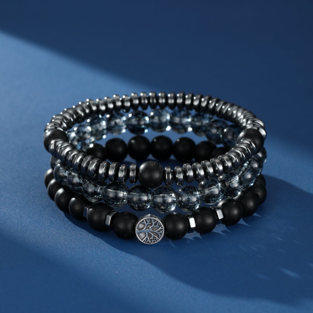 Bracelet Homme Hématite Obsidienne Flocon de Neige Protection Racine - Biloria