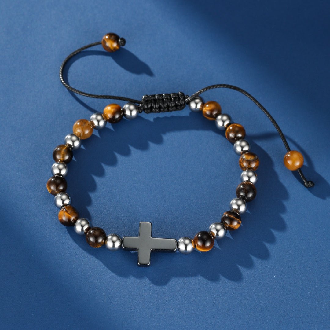 Bracelet Homme Œil de Tigre Hématite Croix Foi - Biloria