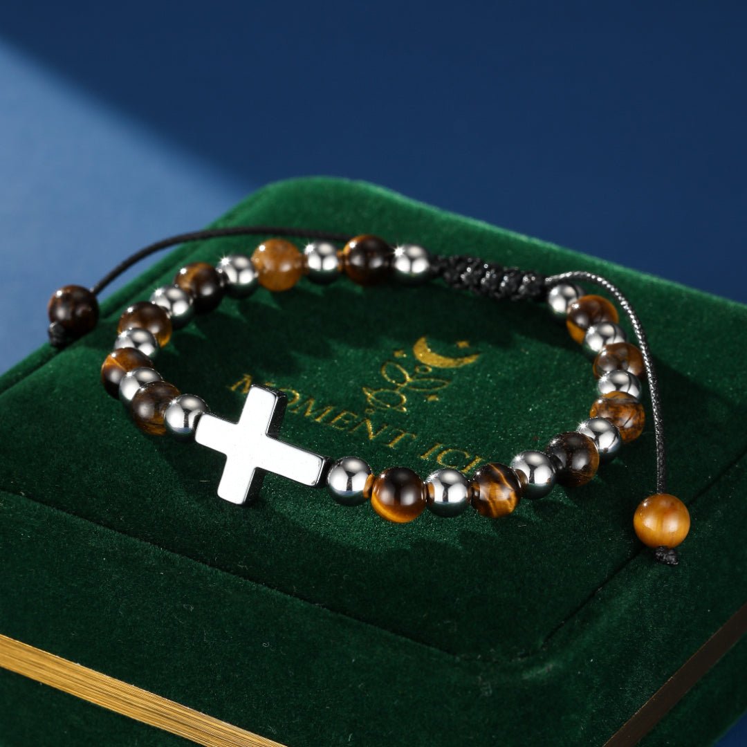 Bracelet Homme Œil de Tigre Hématite Croix Foi - Biloria