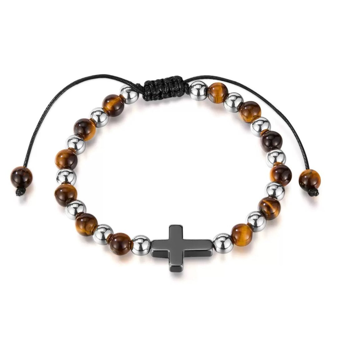 Bracelet Homme Œil de Tigre Hématite Croix Foi - Biloria