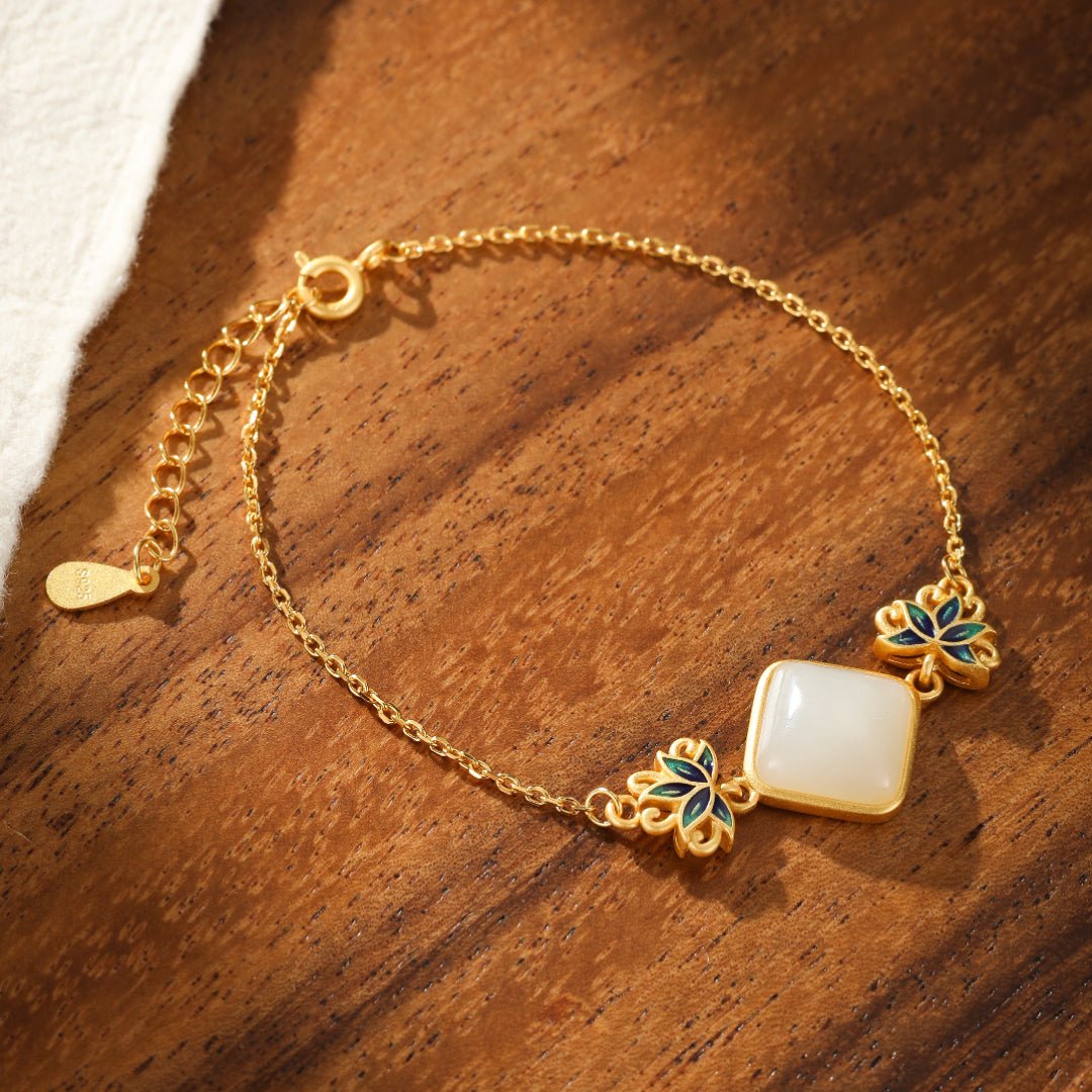 Bracelet Jade Blanc Lotus Bleu Argent Plaqué Or - Biloria