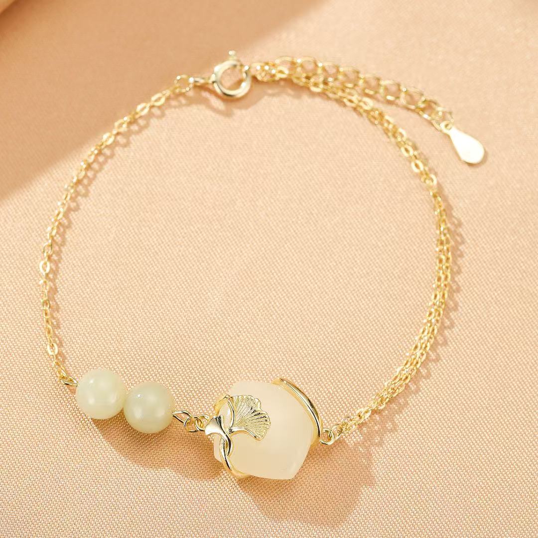 Bracelet Jade et Feuille de Ginkgo - Harmonie du Cœur - Biloria