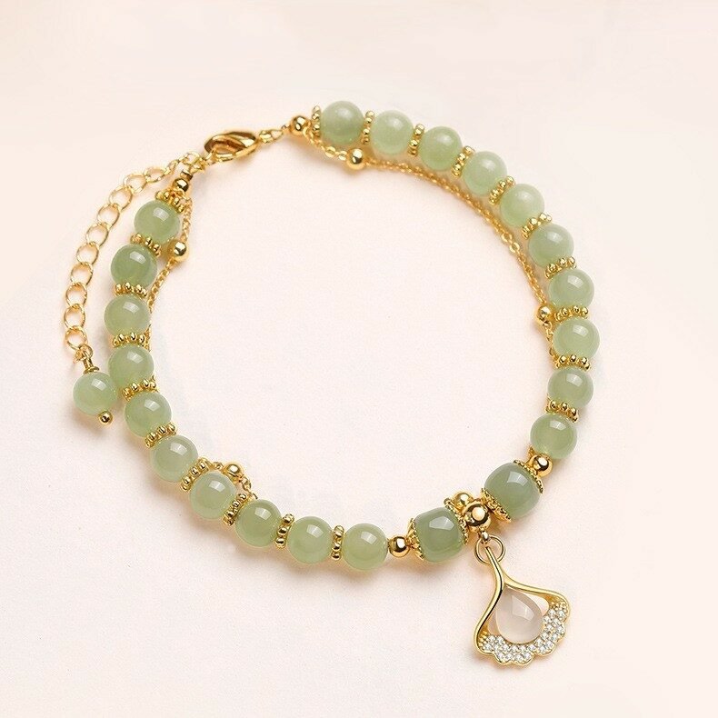 Bracelet Jade Feuille Ginkgo Argent Plaqué Or - Biloria