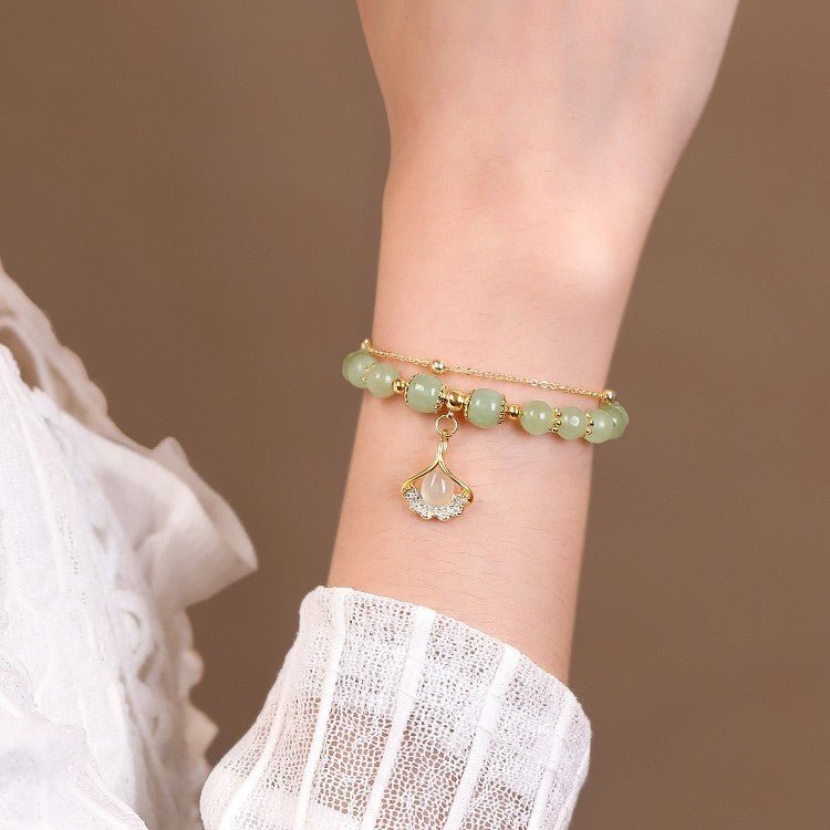 Bracelet Jade Feuille Ginkgo Argent Plaqué Or - Biloria