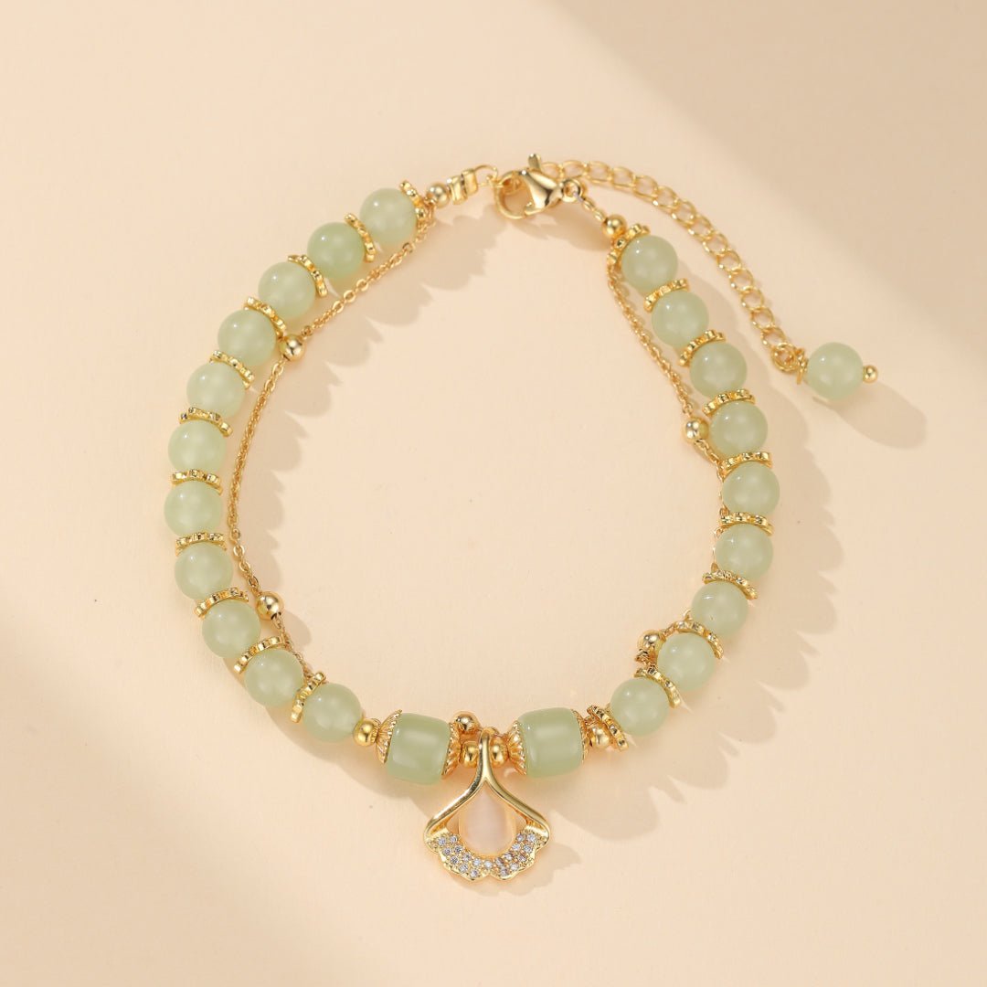 Bracelet Jade Feuille Ginkgo Argent Plaqué Or - Biloria