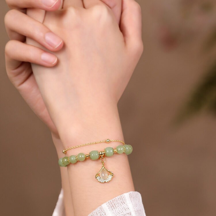 Bracelet Jade Feuille Ginkgo Argent Plaqué Or - Biloria