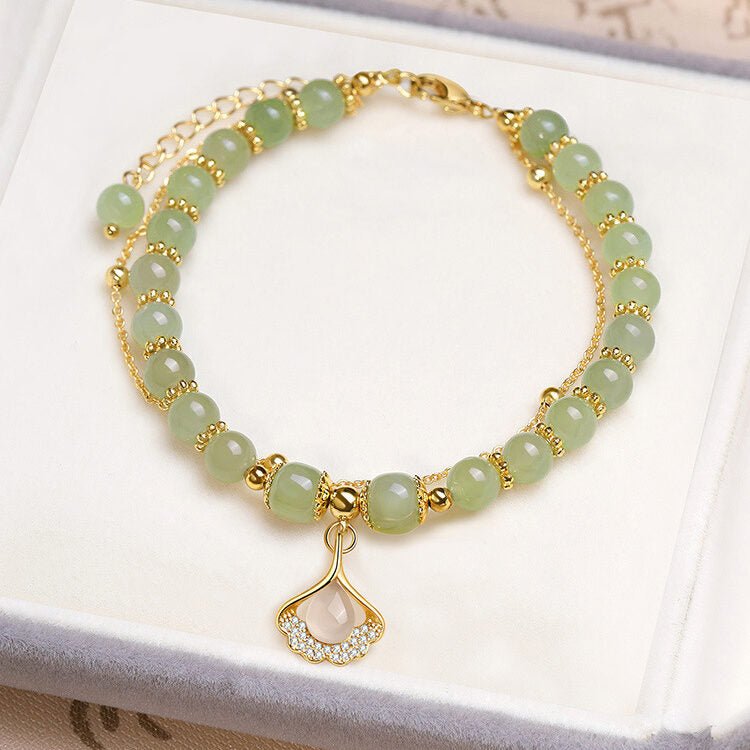 Bracelet Jade Feuille Ginkgo Argent Plaqué Or - Biloria