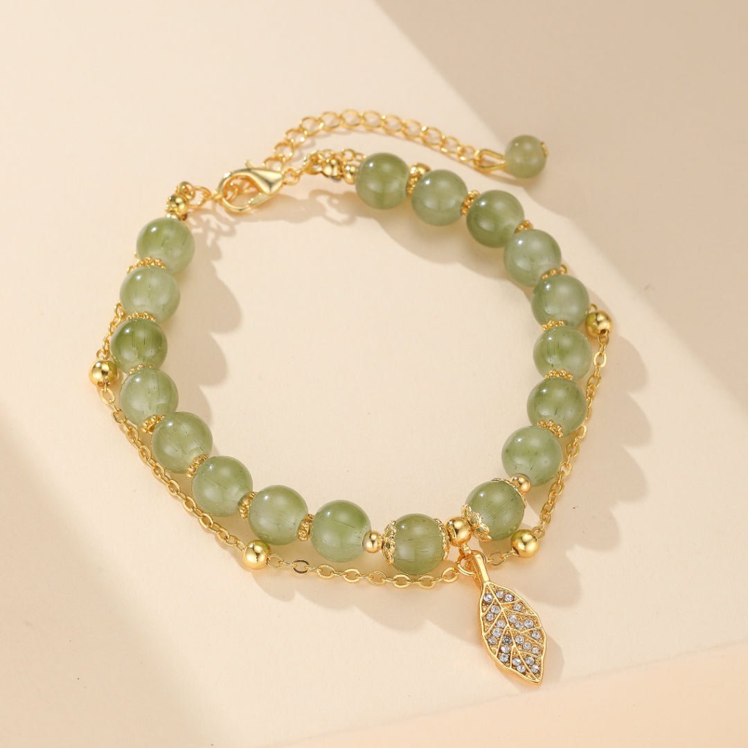 Bracelet Jade Naturel et Feuille Dorée – Bijou Ajustable - Biloria