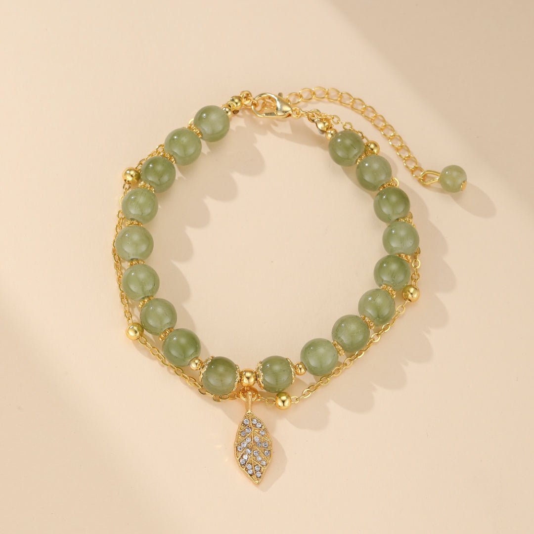 Bracelet Jade Naturel et Feuille Dorée – Bijou Ajustable - Biloria