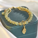Bracelet Jade Naturel et Feuille Dorée – Bijou Ajustable - Biloria