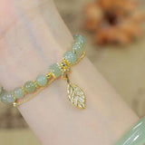 Bracelet Jade Naturel et Feuille Dorée – Bijou Ajustable - Biloria