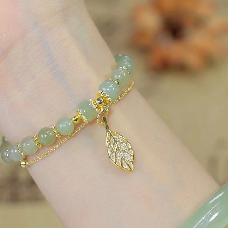 Bracelet Jade Naturel et Feuille Dorée – Bijou Ajustable - Biloria