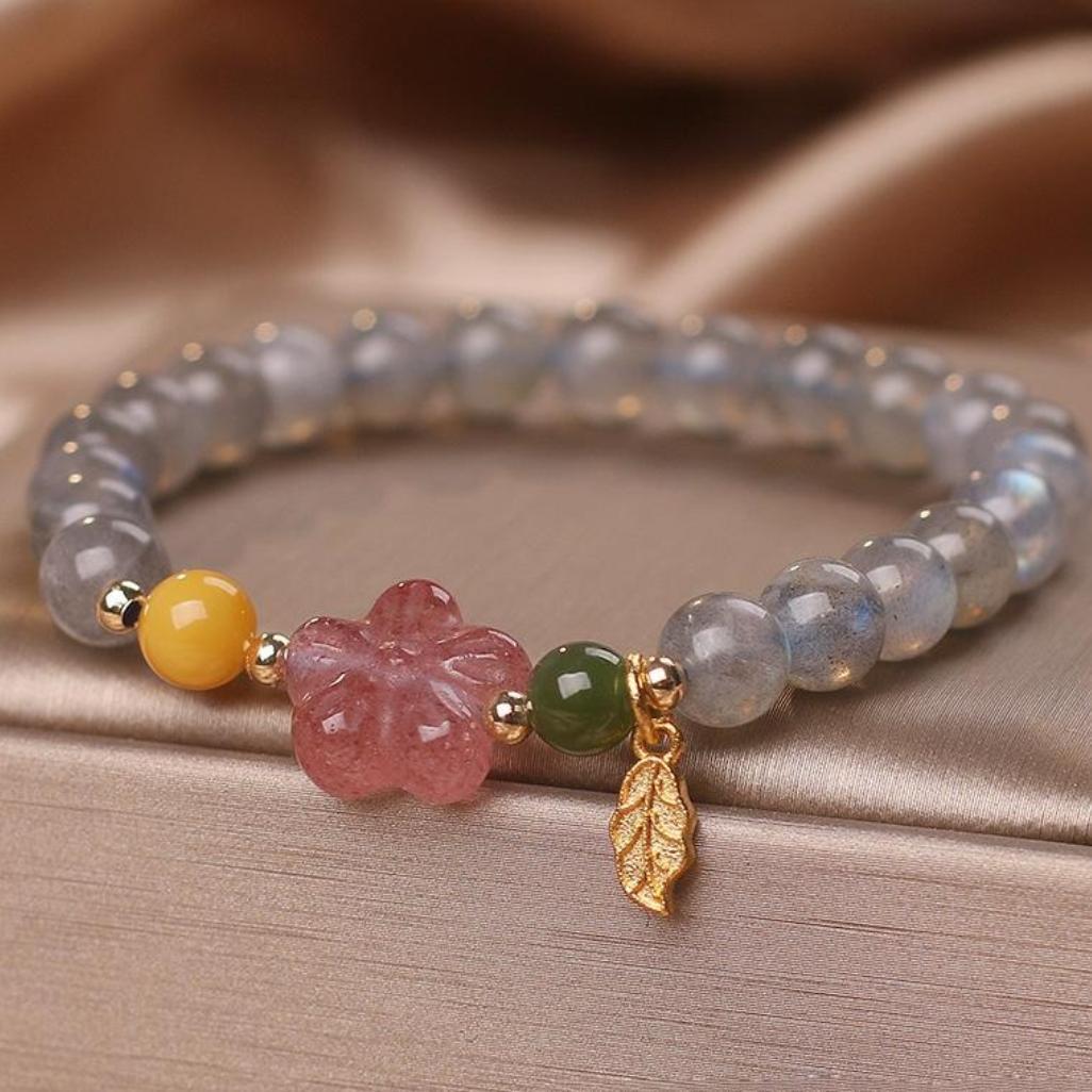 Bracelet Labradorite Quartz Fraise Feuille Dorée - Énergie Céleste - Biloria