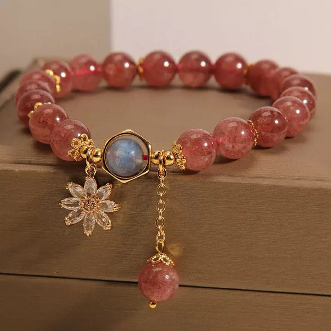Bracelet lithothérapie Quartz Fraise Cristal de Roche Fleur Cosmique - Biloria