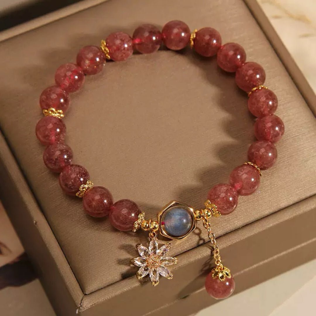 Bracelet lithothérapie Quartz Fraise Cristal de Roche Fleur Cosmique - Biloria