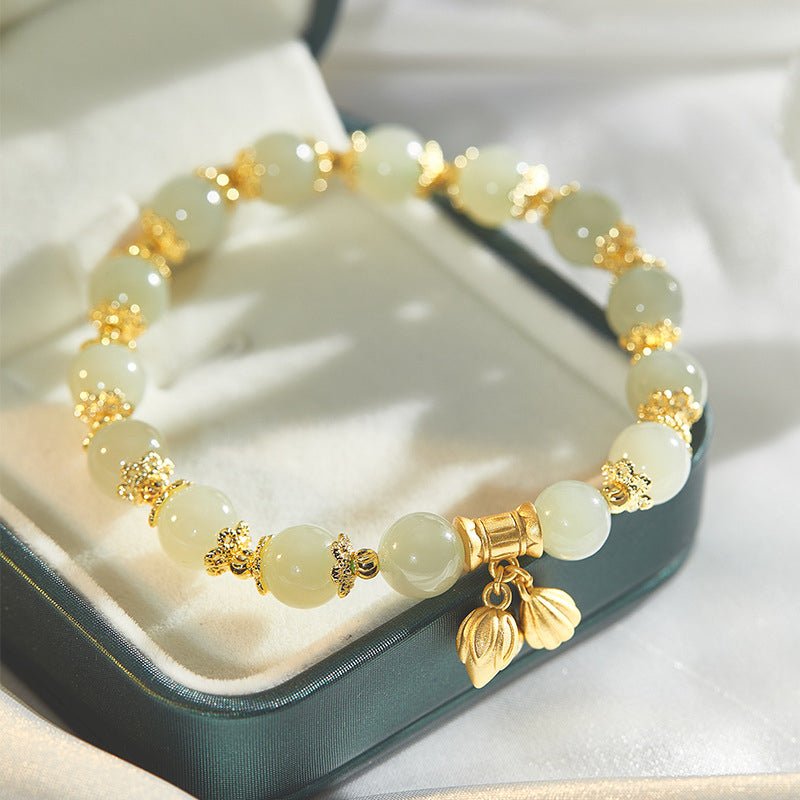 Bracelet Lotus Jade Ajustable Argent Plaqué Or Artisanal - Biloria
