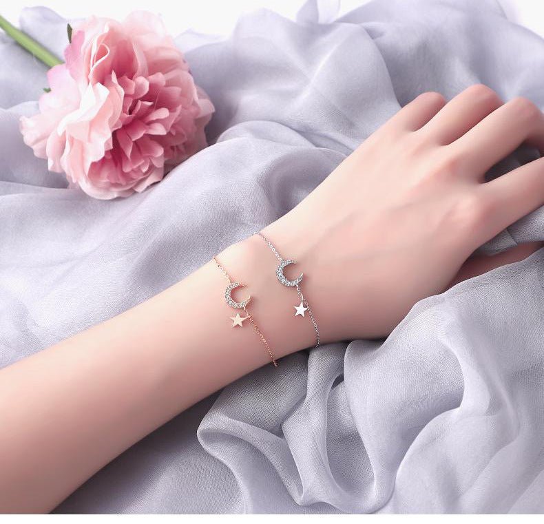 Bracelet Lune et Étoile Argent 925 – Bijou Féminin Taille Réglable - Biloria