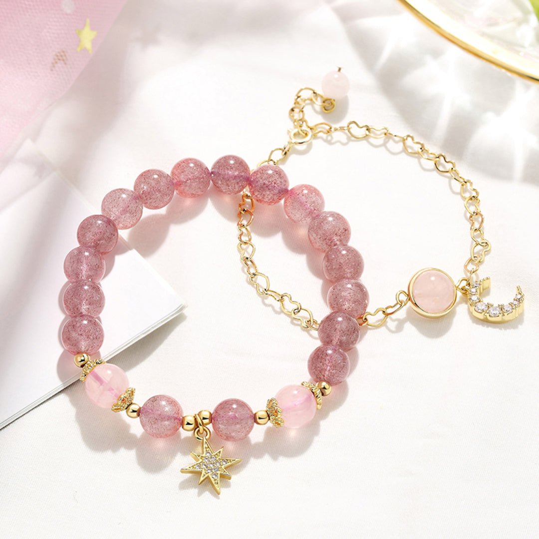 Bracelet Lune et Étoile Quartz Fraise Finesse – Bijou Feng Shui - Biloria