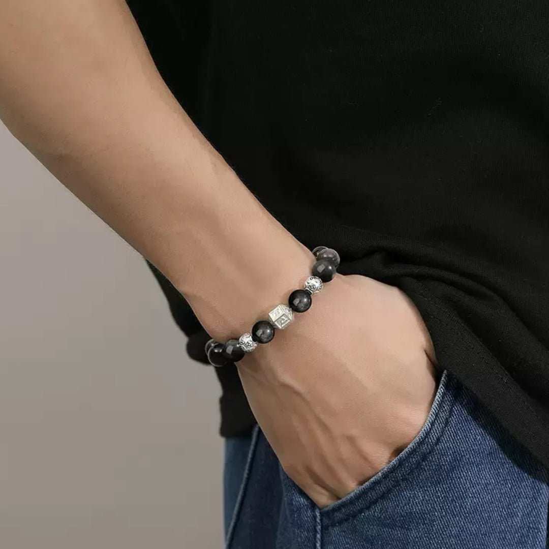Bracelet Obsidienne Homme Argent Mantra Tibétain - Biloria