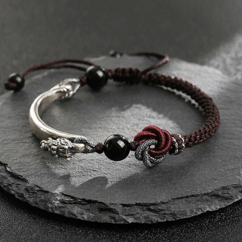 Bracelet Obsidienne Mandala Homme Argent 925 Protection - Biloria