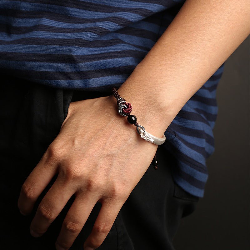 Bracelet Obsidienne Mandala Homme Argent 925 Protection - Biloria