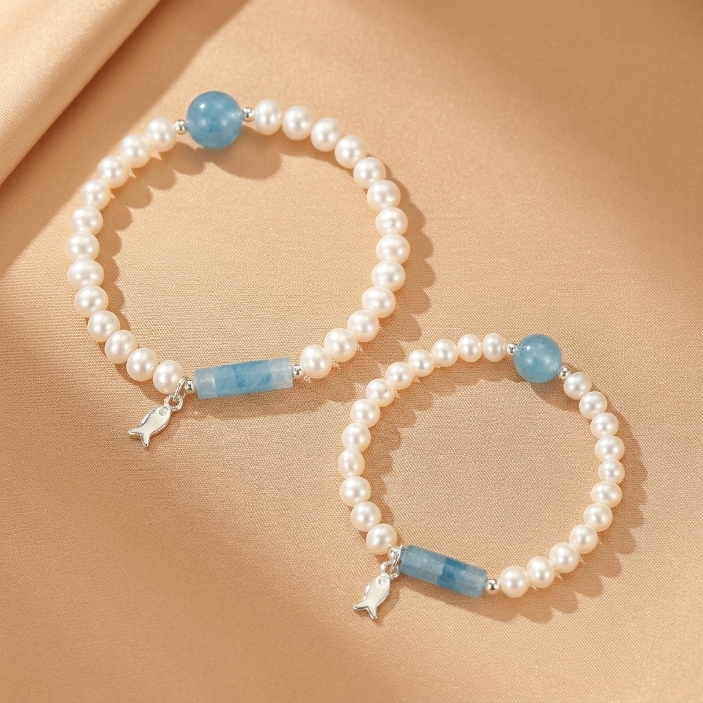 Bracelet Perle Aigue-marine Argent 925 Enfant Maman - Biloria