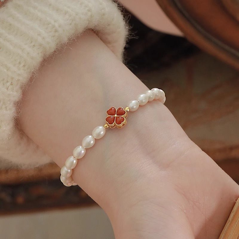 Bracelet Perle Trèfle Charmant Argent Plaqué Or - Biloria