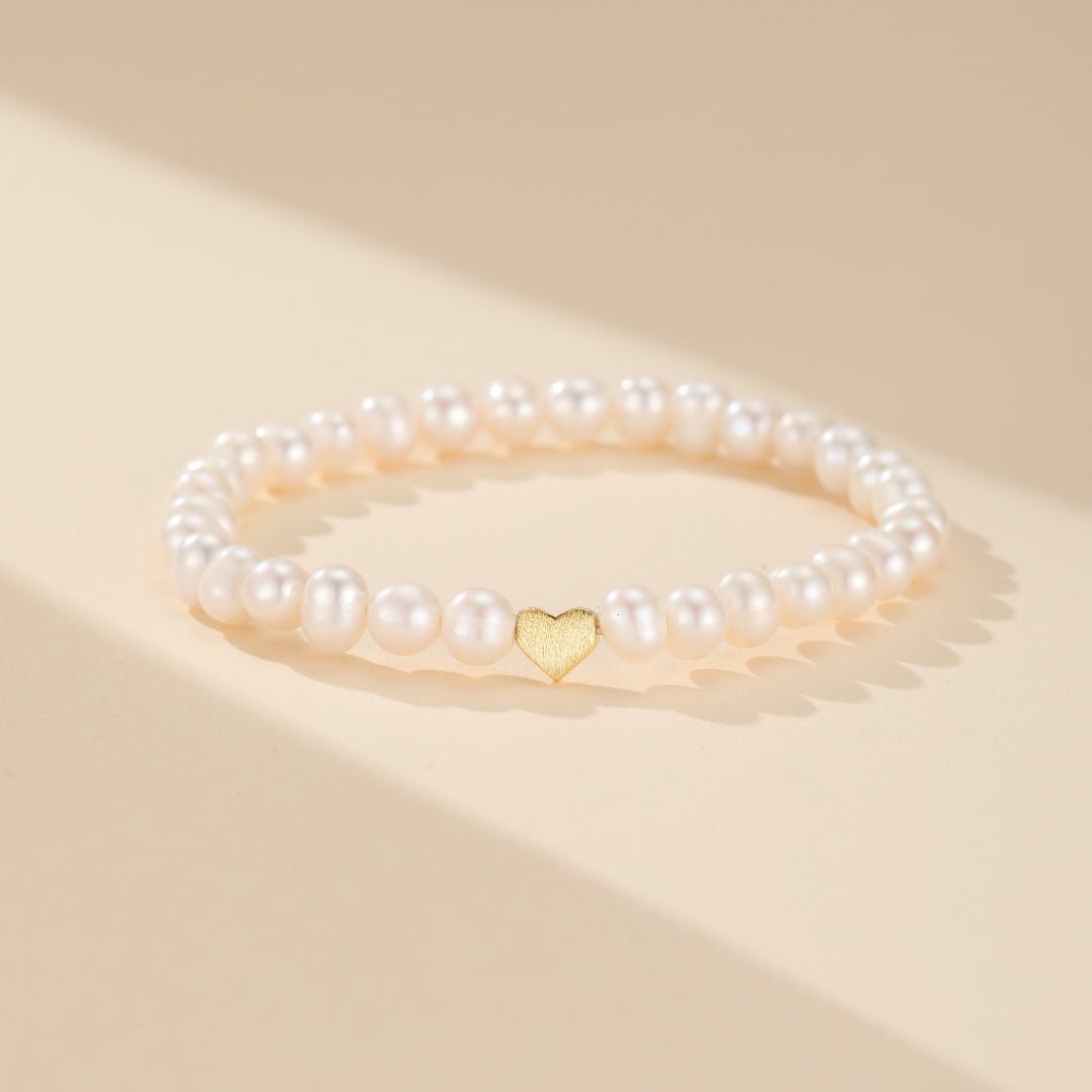 Bracelet Perles d'Eau Douce avec Cœur Doré - Cadeau Mère Fille - Biloria